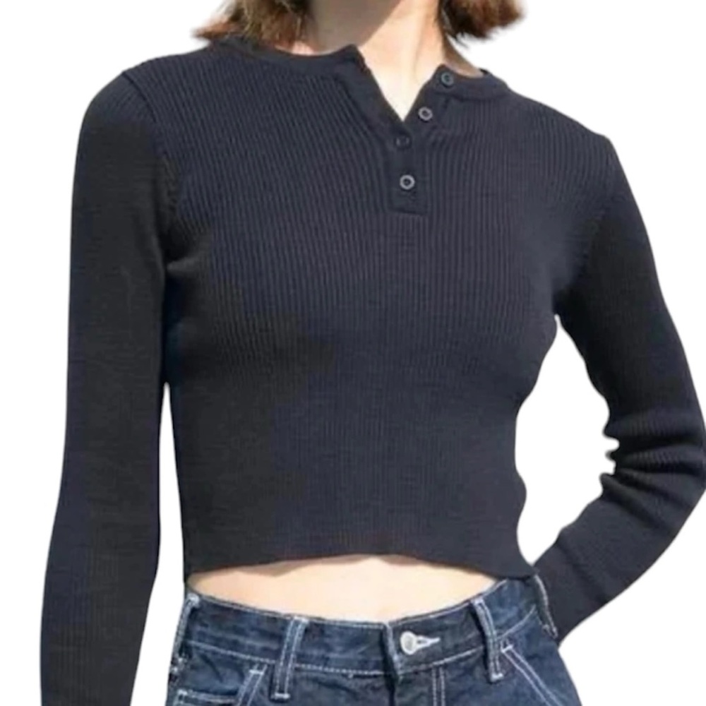 Black Ribbed Brandy Melville Cropped Long Sleeve Size xs/sm